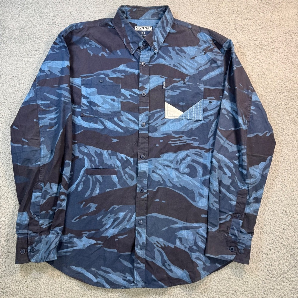Staple Pigeon Mens XL Blue Tiger Camo Button Down Shirt Long‎ Sleeve Streetwear